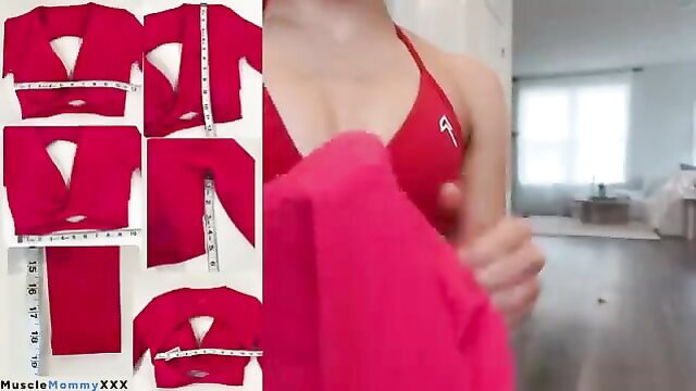 Hot Asian babe try-on haul in skimpy red activewear, flashing tits & curves