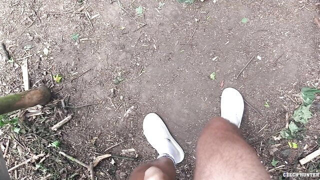 Archi Gold hairy legs in white sneakers Czech Hunter outdoor tease