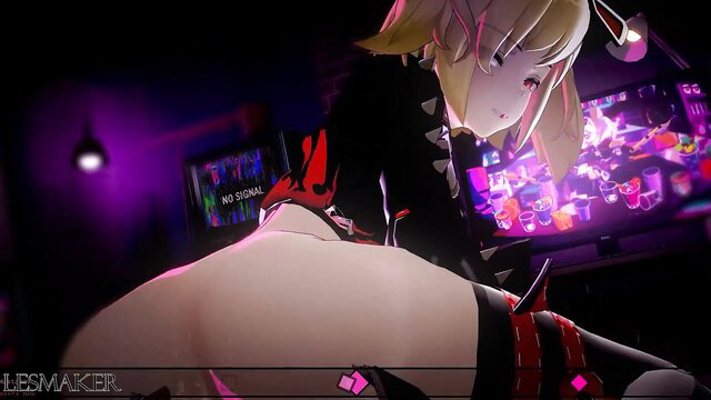 Blonde anime gamer girl in black lingerie bends over desk in dim neon room