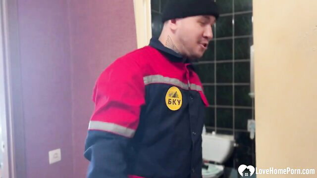 Lucky plumber in red uniform humping arousing darkhaired woman