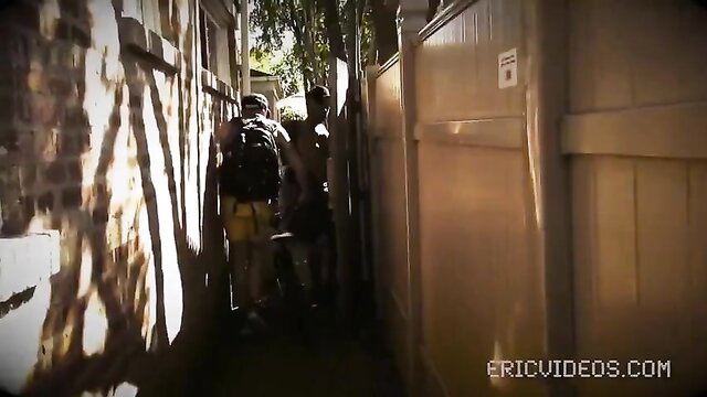 Tiny pervert and muscular guy in tight alley, outdoor gay tease