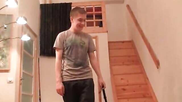 Obedient teen slut in gray tee walks down stairs, ready to ride thick cock