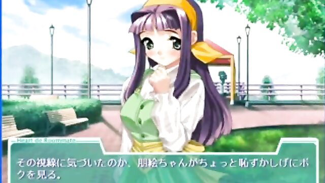 Cute anime girl with purple hair in green vest smiling shyly outdoors