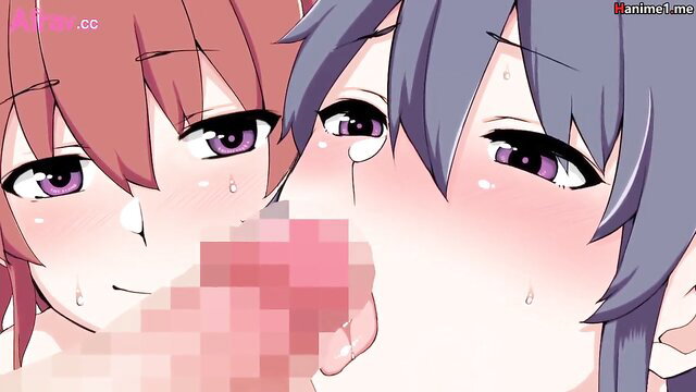 Anime hentai threesome closeup: two girls kissing and licking censored cock