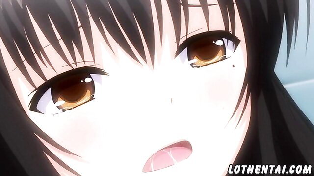 Closeup of cute anime girl's teary brown eyes and parted lips in bathroom sex scene