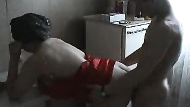 Hot Asian MILF in red dress fucked doggystyle in kitchen