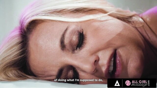 Sophia West blonde MILF eyes closed in ecstasy at All Girl Massage