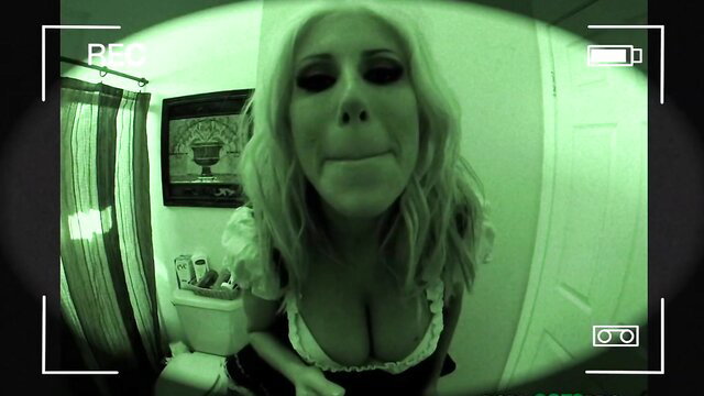 Puma Swede busty blonde in maid outfit night vision POV bathroom tease