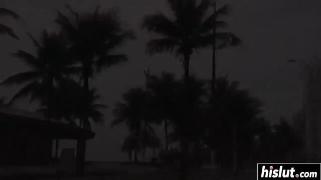 Angel Lima under palm trees at night, tropical outdoor tease
