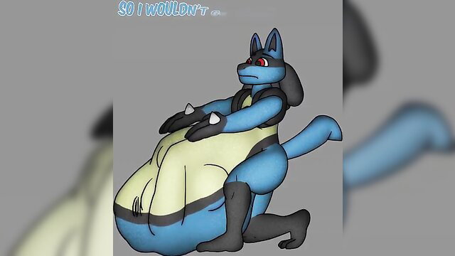 Pregnant Lucario furry in tight yellow outfit, bulging belly, kneeling pose