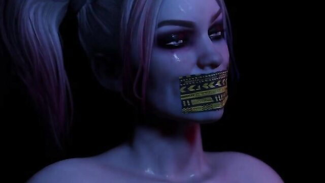 Horny Harley Quinn gagged with tape, seductive blue skin closeup