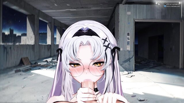 Cute silver-haired Vtuber hooker with glasses gives special blowjob treatment