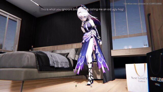 Giantess anime girl Citlali towering over tiny man in bedroom