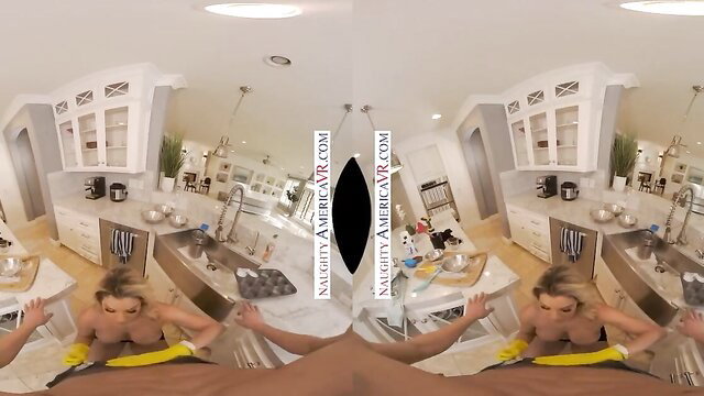 Kayla Paige blonde MILF spreads legs exposing pussy in kitchen POV