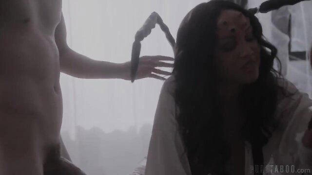 August Skye big ass beauty with two white men in intense threesome