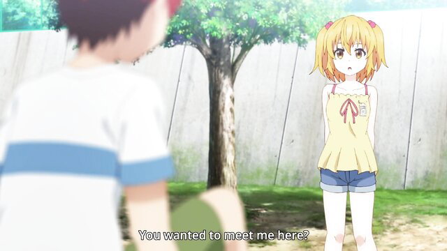 Blonde anime teen in yellow top and shorts asks 'You wanted to meet me here?' from Super HxEros