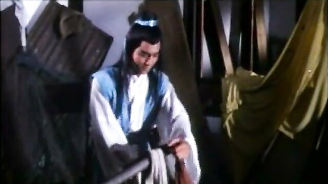 Asian ancient costume drama man in blue robe, closeup portrait