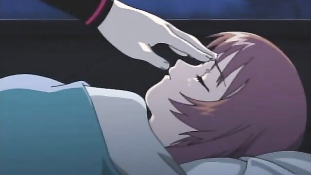 Anime girl in bondage, gloved hand groping face on bed, erotic hentai scene