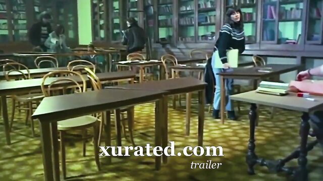 French vintage porn library scene with Asian woman in skirt