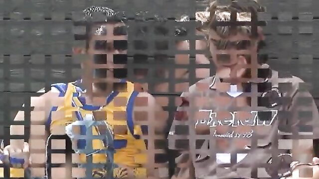 Two censored athletic young men in sportswear, outdoor boys thumbnail