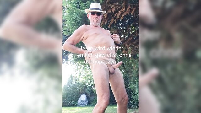 Nude mature man wanks outdoors in hat sunglasses public flashing