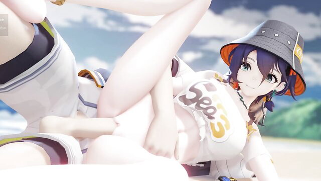 Belle x Wise Summer hentai girl in hat spreads legs exposing pussy on beach