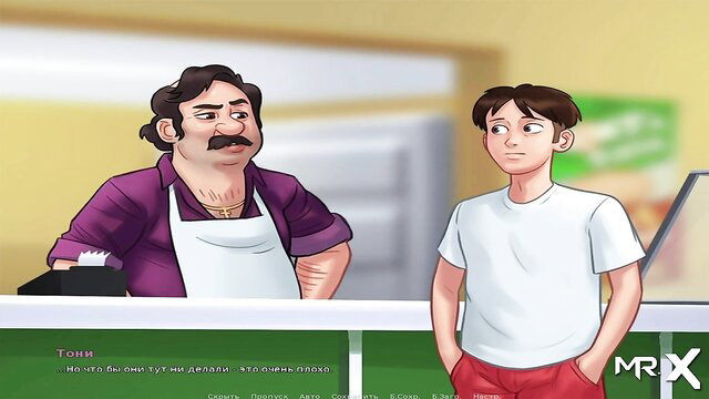 Anime dad chats with teen boy at counter in Summertime Saga style