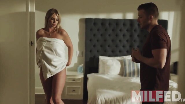Rachael Cavalli in towel seduces stepson-in-law MILF bedroom tease