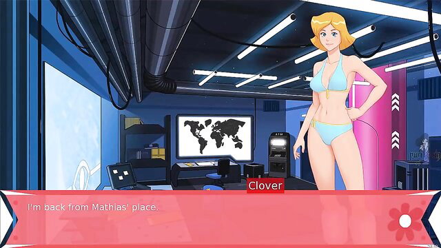 Blonde Totally Spies girl Clover in skimpy bikini poses in control room