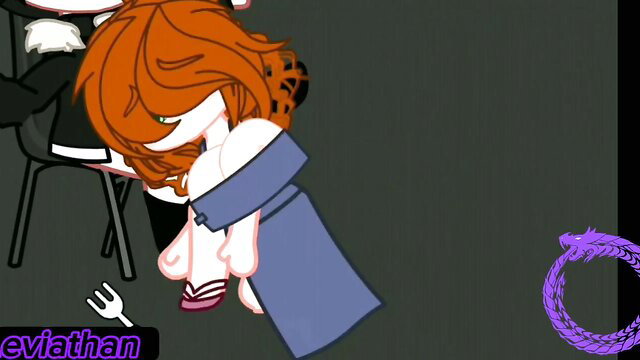 Chibi Mrs Afton redhead anime girl bent over table in blue dress, adult parody