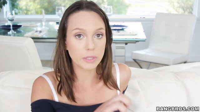 Jade Nile teases in off-shoulder top on couch, Bang Bros adult video