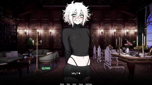 Femboy Quinn in tight black top and panties visual novel scene