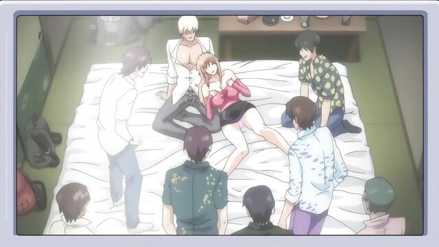 Busty JAV milf surrounded by delinquents on bed, shocked son watches