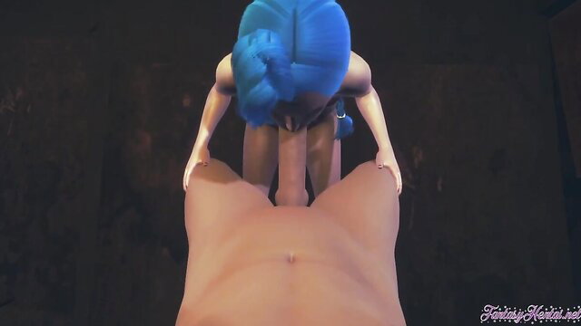 Jinx LoL 3D hentai blue-haired girl POV blowjob closeup