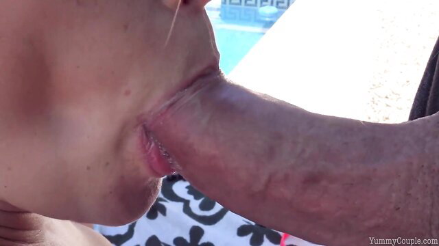 Hot blonde gives poolside blowjob, quick nail ends in sperm shower