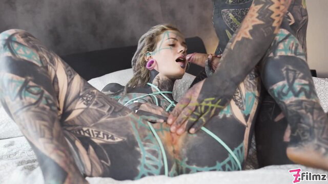 Tattooed Anuskatzz bound and fingered in intense BDSM scene