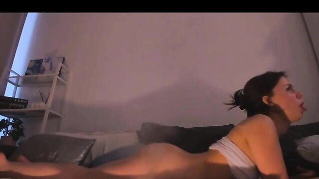 Brunette amateur babe nude on bed, big ass up, teasing pussy lips