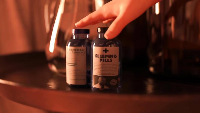Curvy 3D animated mom sleeping pills bottle hand grab thumbnail