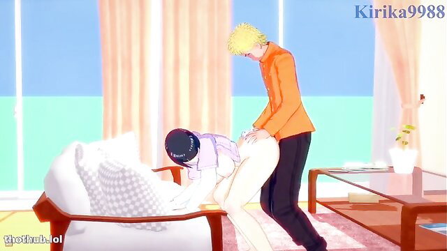 Naruto fucks busty Hinata doggystyle on couch hentai