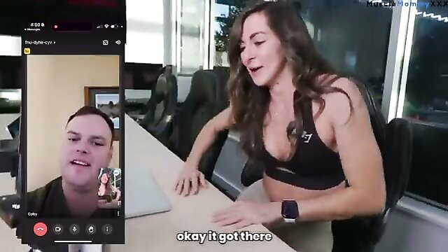 Hot busty brunette in tight sports bra video calls chubby guy smiling