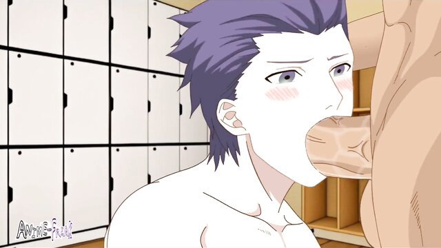 Anime twink with purple hair sucks big cock in locker room
