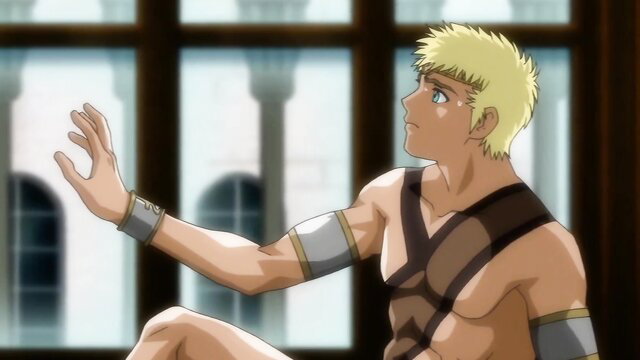 Blonde anime hunk Himekishi Lilia flexing muscular body in straps
