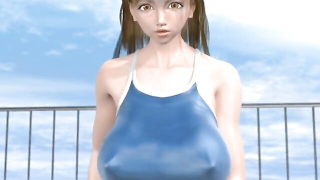 Busty Asian JAV babe in tight blue swimsuit, huge tits visible nipples