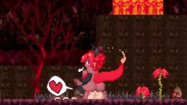 Red demon girl with huge tits and ass squats nude in hellish scene