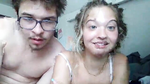 Amateur Chaturbate couple selfie with cum on girl's face and tits