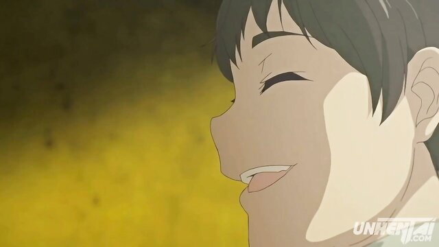 Anime guy smiling with eyes closed in yellow glow, busty stepsister throat cum hentai