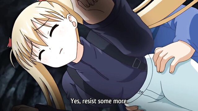 Blonde anime girl in school uniform groped by hand, resisting ecstatically from Oni Chichi