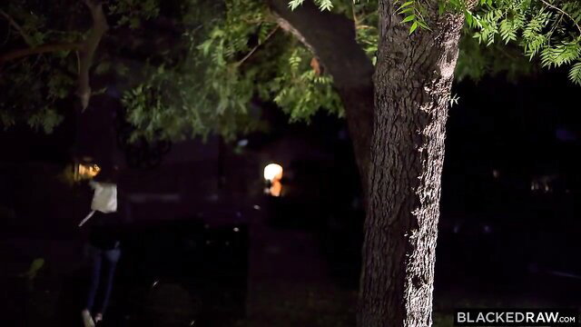 Aria Lee in sexy dress under tree at night - Blacked Raw