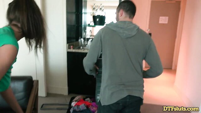 James Deen and Mandy Meadows packing clothes in hotel room