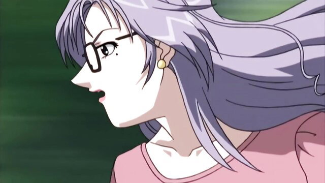 Purple-haired anime glasses girl smirks in tight pink top, tied up hentai tease